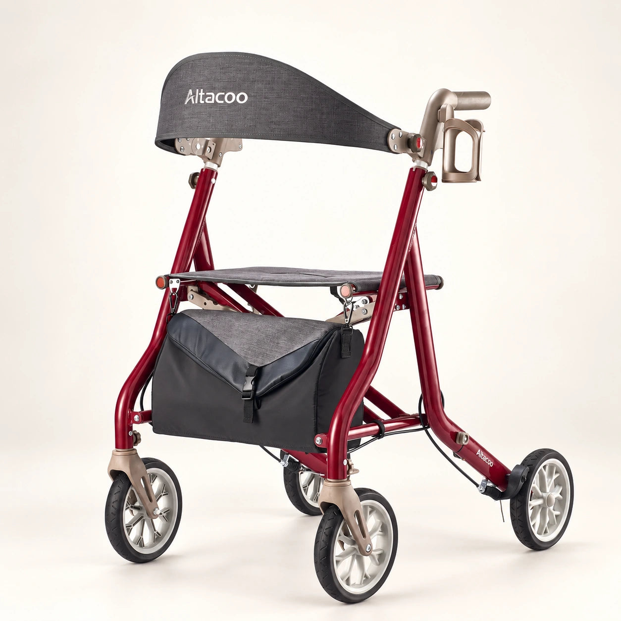Front three-quarter view of the red Altacoo rollator