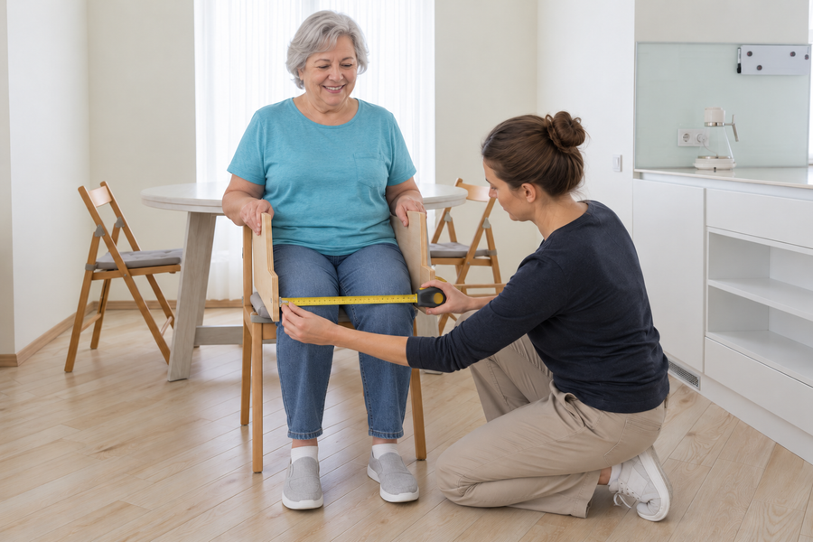 A woman seated with both feet on the floor while a helper checks her seated fit at home.