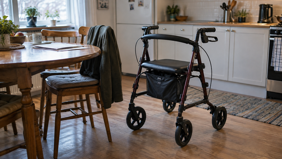 Illustrative scene of a four-wheel rollator beside a home dining table