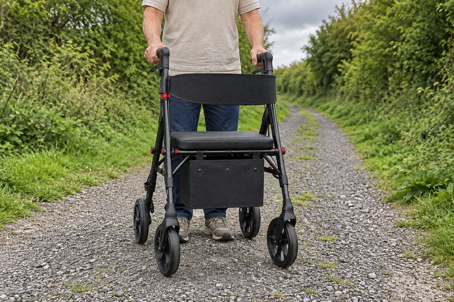 A person using a four-wheel rollator on a gravel path.