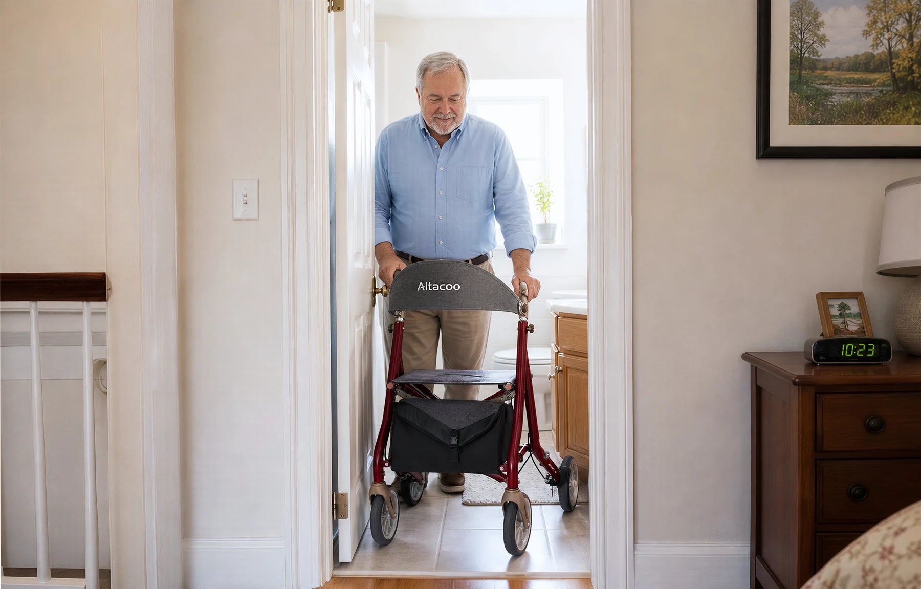 Man using a red Altacoo rollator in a home doorway