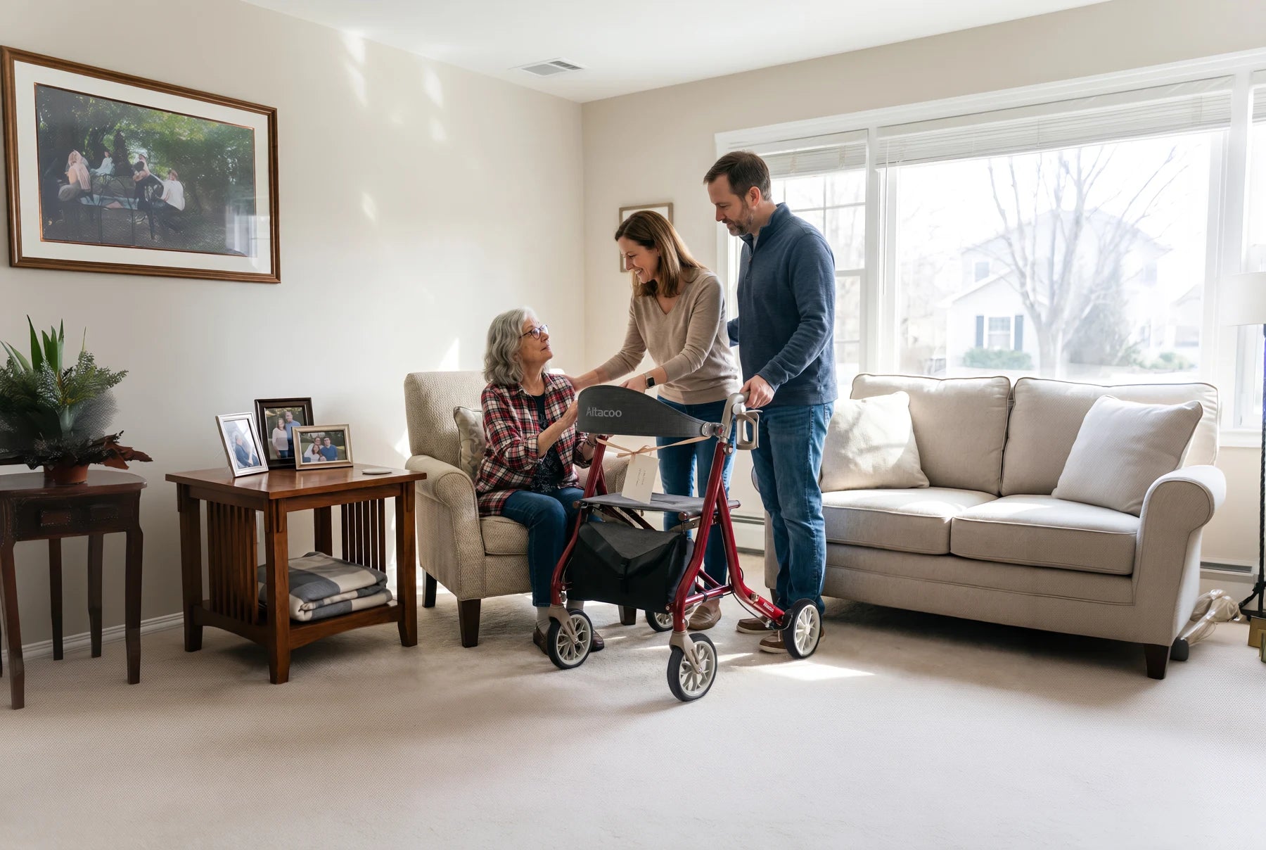 Family spending time together beside an Altacoo rollator